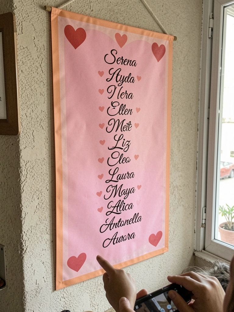 Banner decorado com corações e nomes femininos em letras estilizadas.
