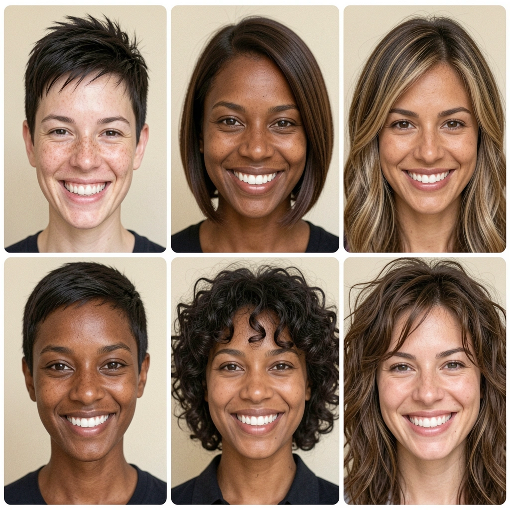 Colagem com cinco cortes de cabelo femininos: pixie, bob, borboleta, bixie e shaggy.