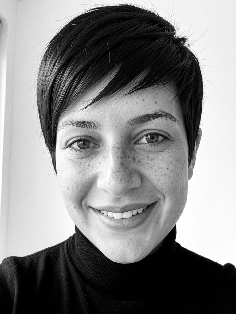 Mulher com cabelo pixie alongado texturizado em tons de preto e branco.