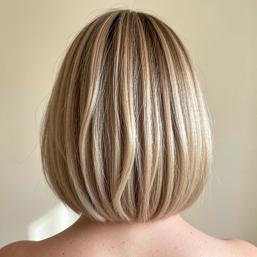 Hailey Bieber com cabelo bob reto e movimento natural, olhando para o lado.