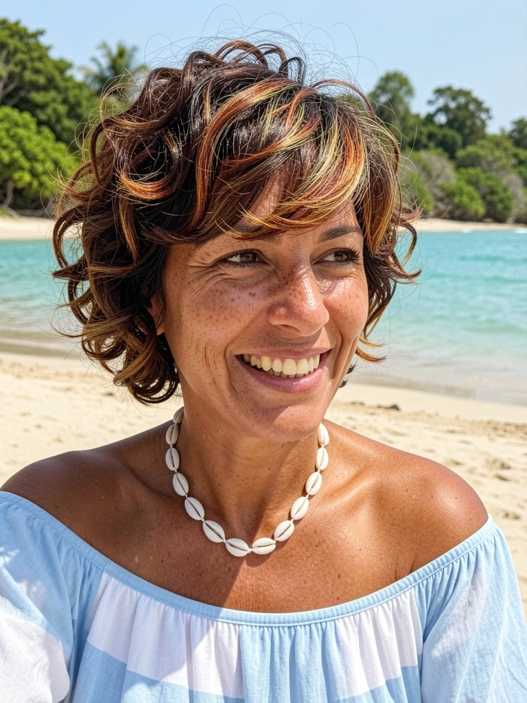 Cabelo cacheado com corte em camadas, volume natural e textura definida.