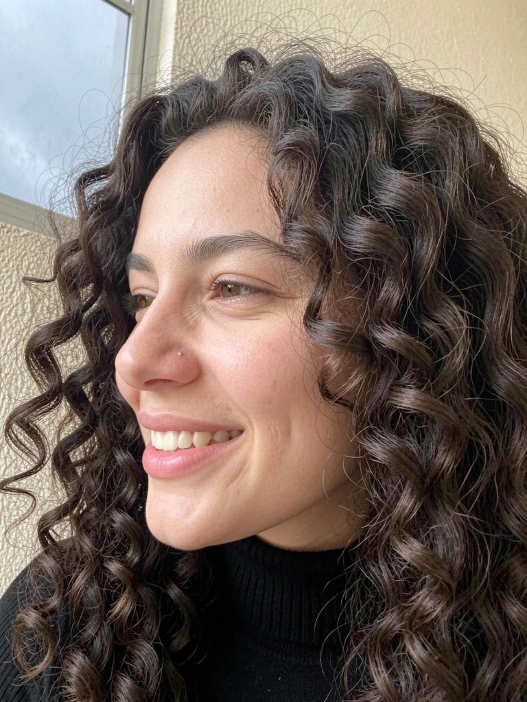 Cabelo crespo com corte arredondado e finalização definida.