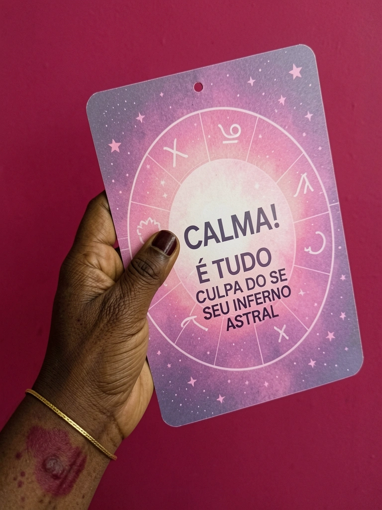 Mão segurando um calendário astrológico com círculo solar ao centro.