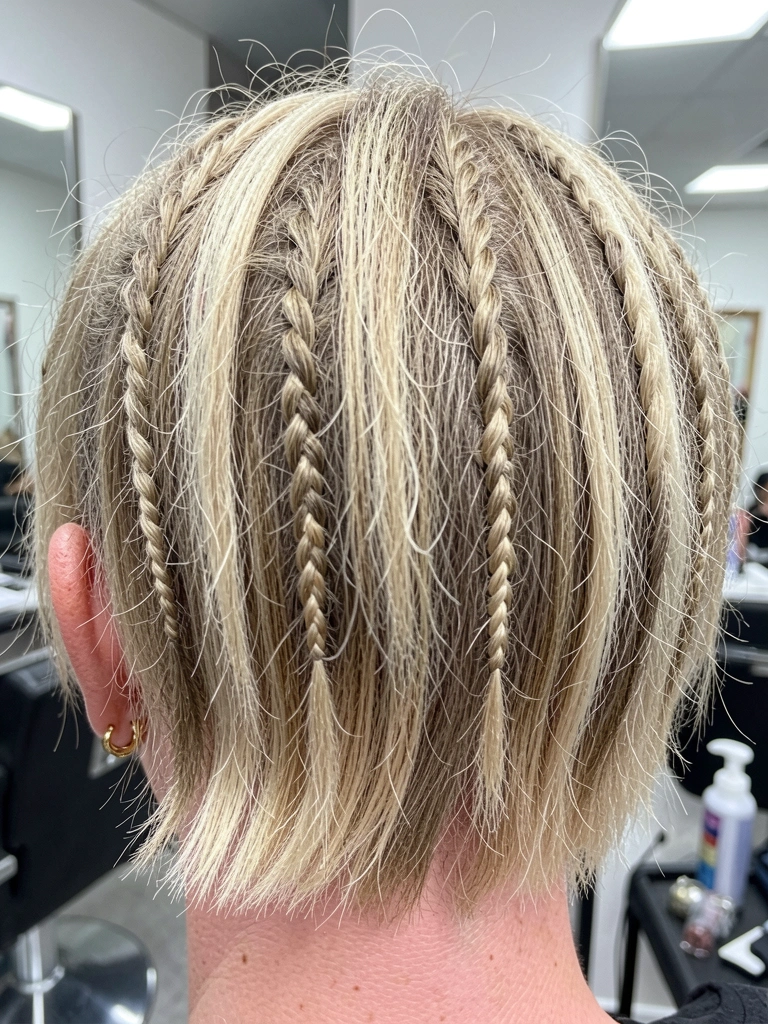 Três mulheres com cabelos curtos: liso, cacheado e crespo, cada uma com um penteado diferente.