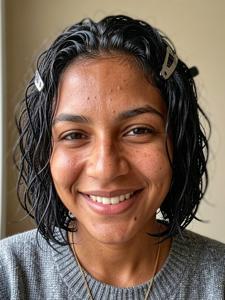 Mãos arrumando um penteado curto com grampos e produto em excesso.