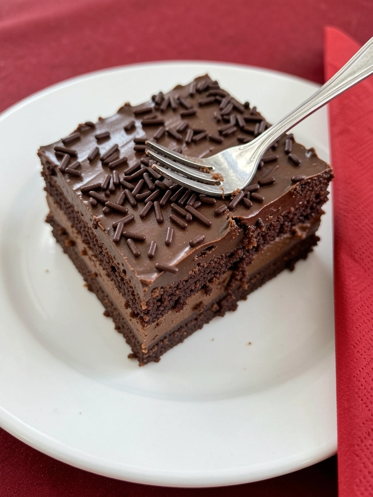 Fatia de bolo com cobertura de brigadeiro e granulado, recheio cremoso aparente.