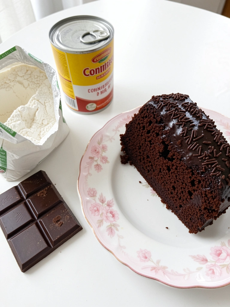 Farinha, leite condensado e chocolate sobre uma mesa de madeira.