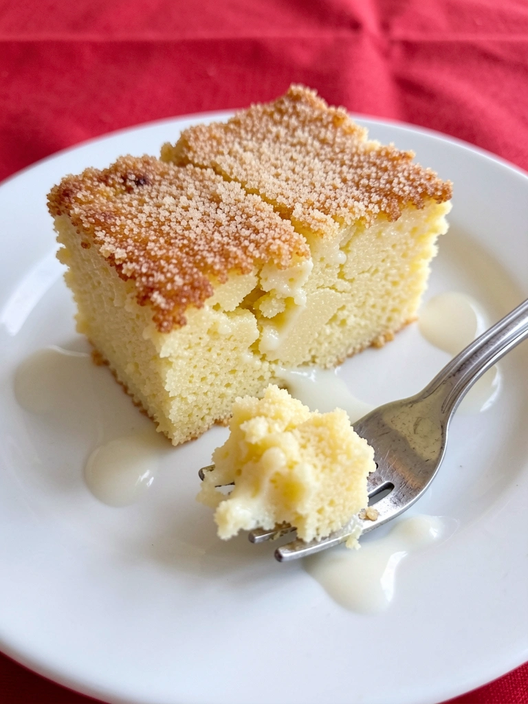 Fatia de bolo de fubá cremoso com leite condensado em prato branco, com textura úmida e cor amarelada.