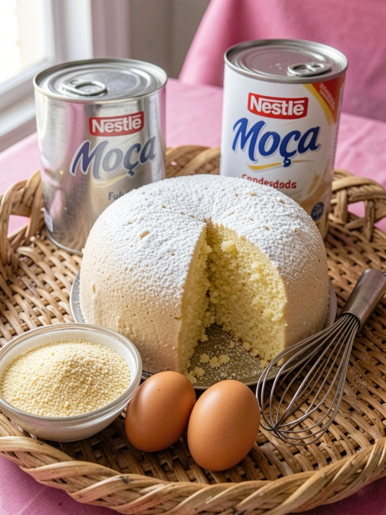 Ingredientes para bolo de fubá cremoso: fubá, leite condensado, ovos, manteiga e leite sobre mesa de madeira.