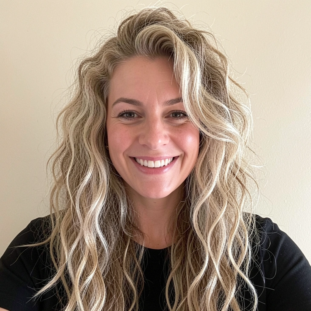 Mulher com cabelo longo e texturizado sorri em fundo neutro.