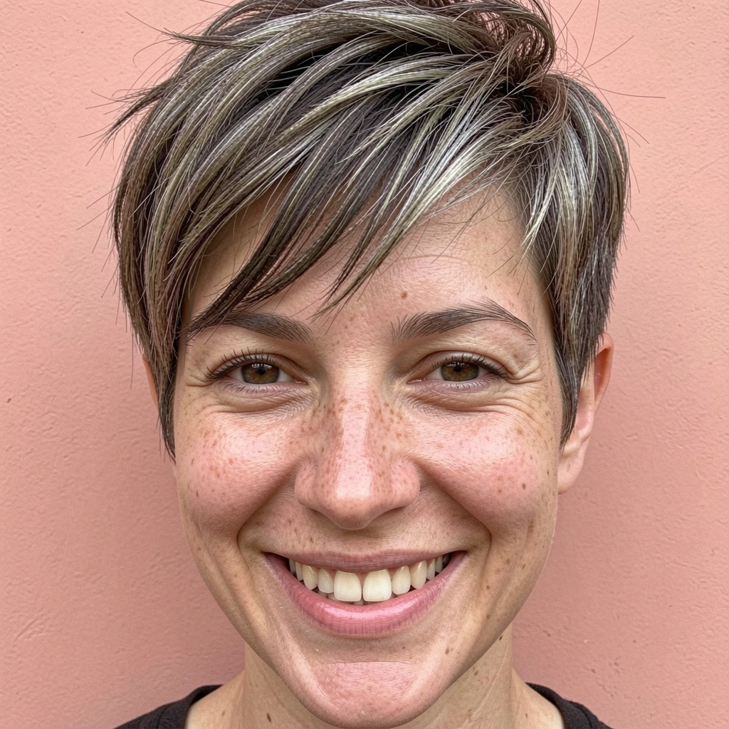 Cabelo curto feminino com corte pixie e textura despojada.