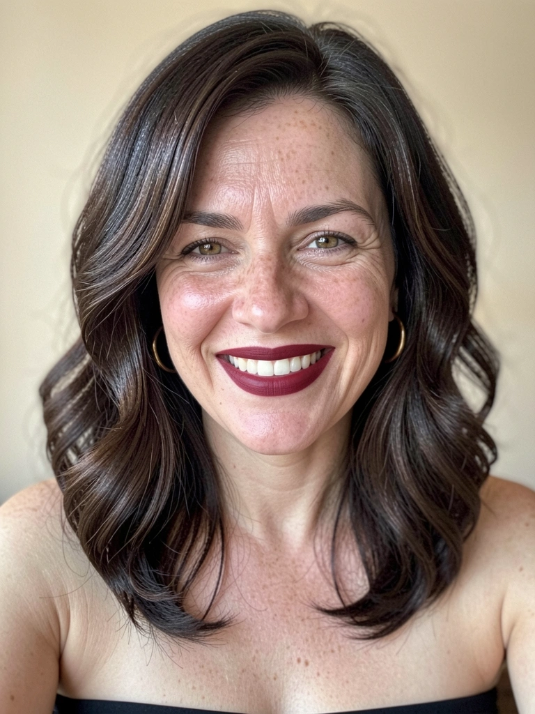 Mulher com cabelo médio em ondas soltas, corte borboleta, fundo claro.