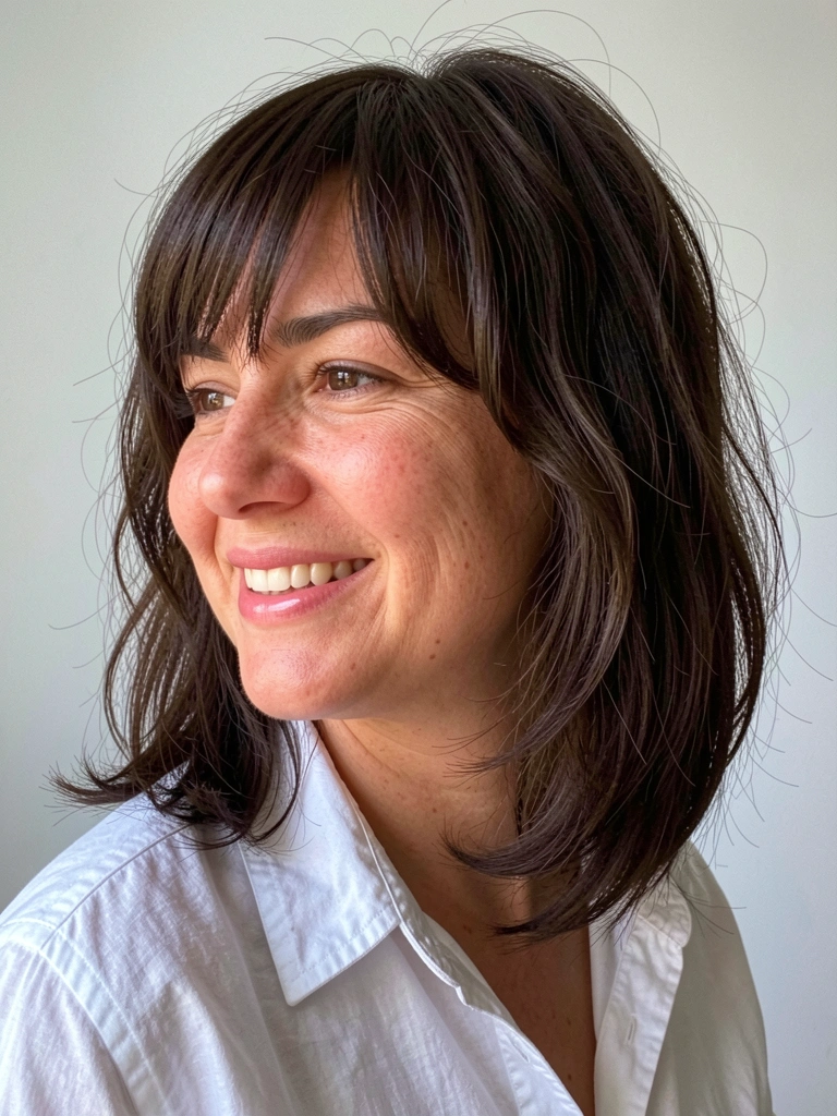 Modelo de rosto redondo com cabelo longo em corte long bob e franja lateral, fios escuros e lisos.