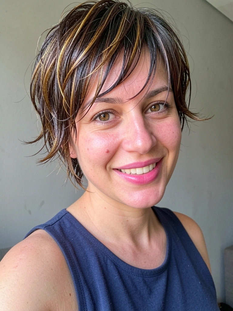 Corte pixie com franja e camadas suaves em modelo de rosto quadrado.