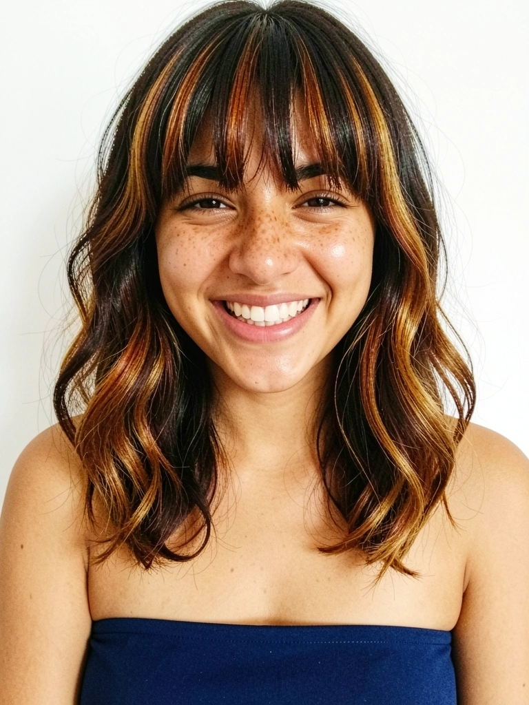 Modelo com corte médio e franja cortininha, rosto em formato coração.