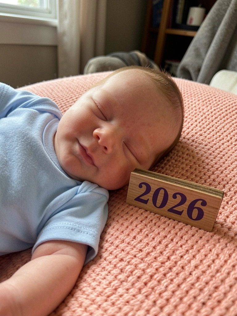 Bebê recém-nascido vestindo roupas azuis ao lado de uma placa com o ano 2026.