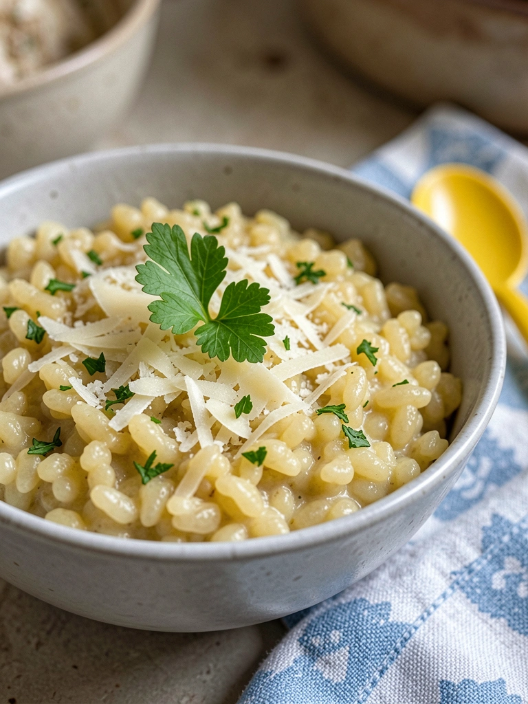 Tigela de arroz cremoso com queijo derretido e uma colher sobre fundo rústico de madeira.