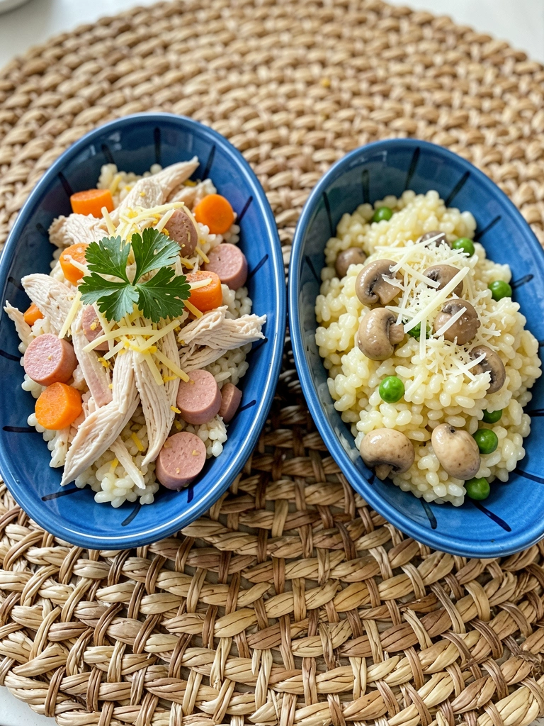 Duas panelas lado a lado, uma com arroz cremoso e outra com risoto italiano.