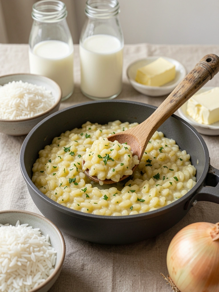 Ingredientes sobre uma mesa: arroz, leite, queijo, manteiga e cebola.