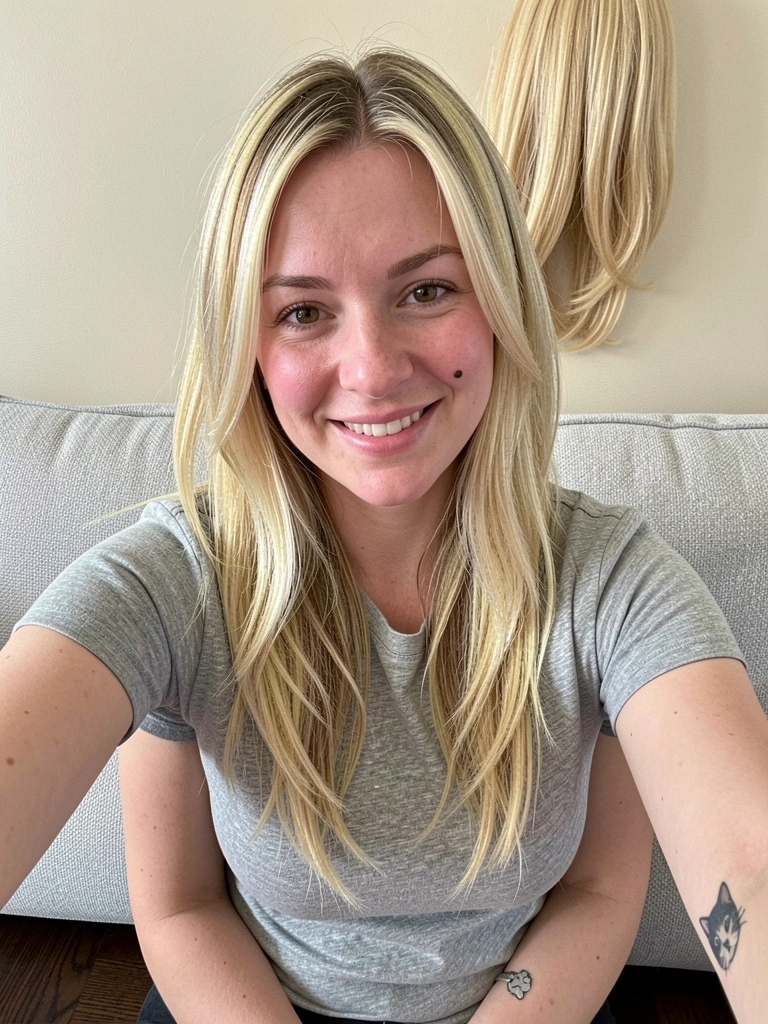 Comparação entre cabelo loiro sólido e cabelo com mechas, lado a lado.