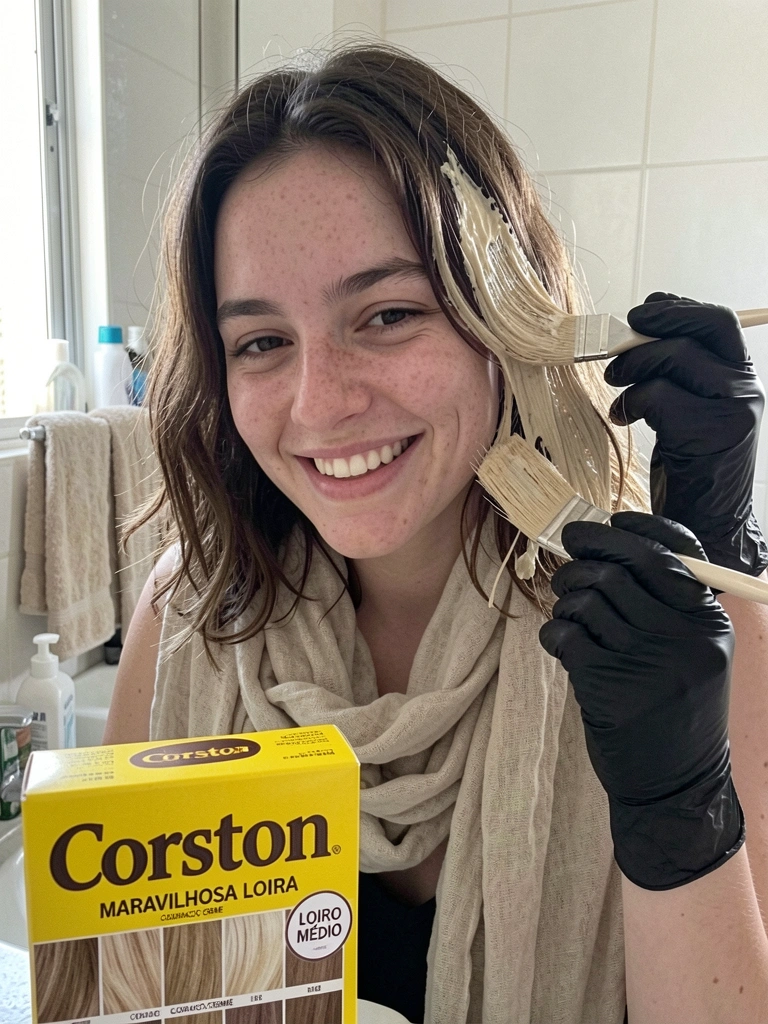 Mãos com luvas aplicando tinta loira em mechas de cabelo, passo a passo.
