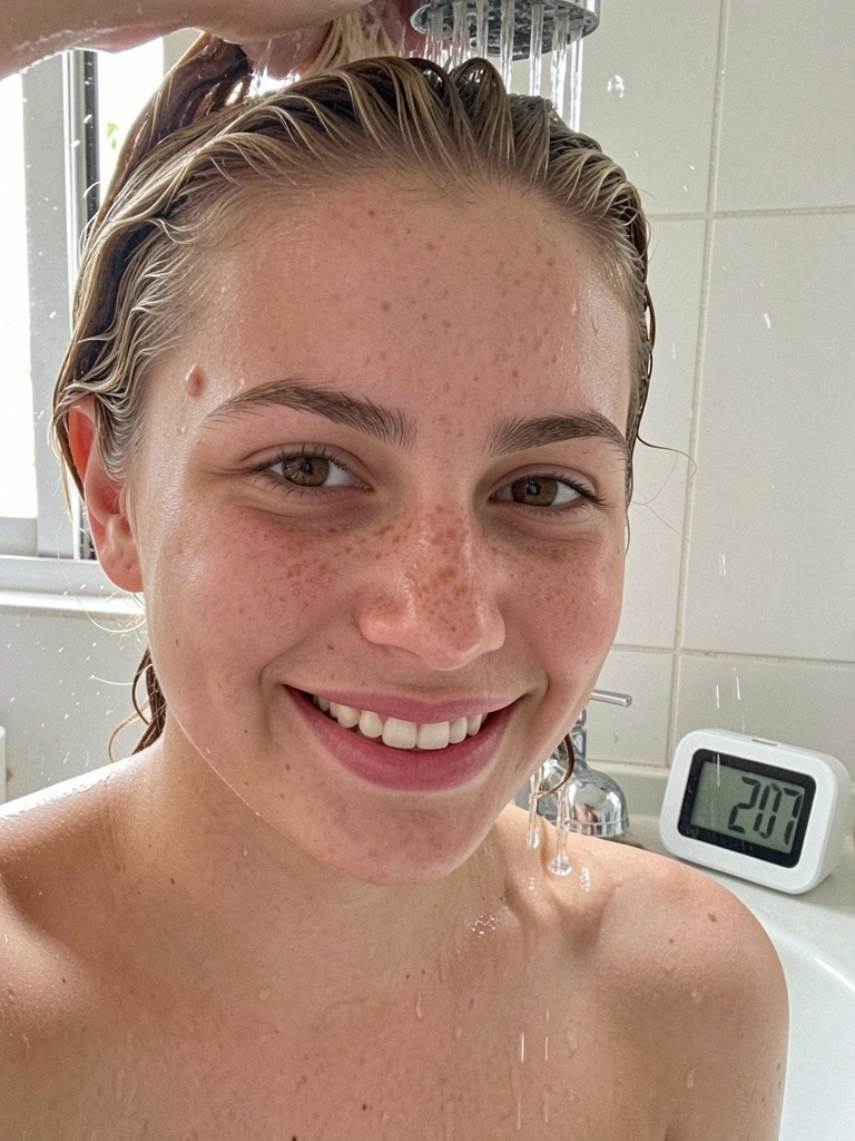Relógio marcando tempo de processamento enquanto cabelo loiro é enxaguado em um lavatório de salão.