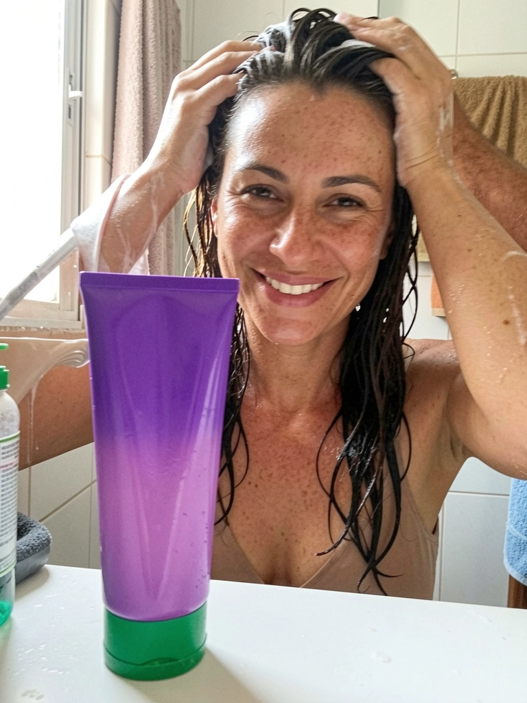 Mãos com luvas aplicando condicionador em cabelo loiro tingido.