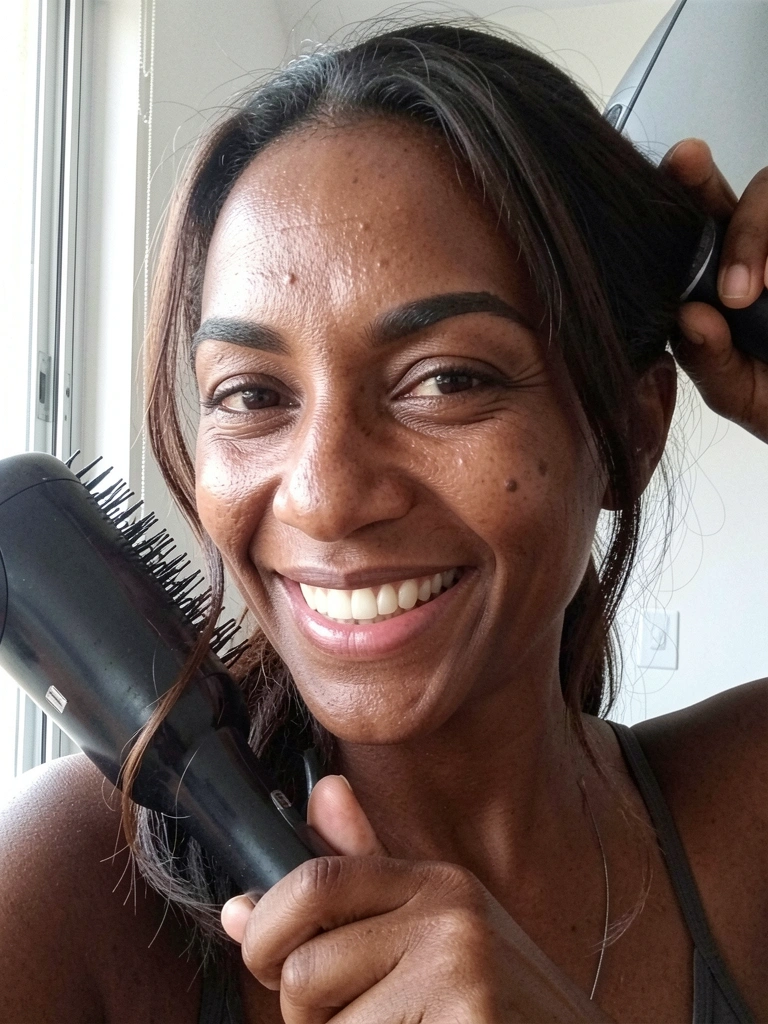 Mulher com cabelo médio sorri enquanto usa escova secadora em fundo claro.