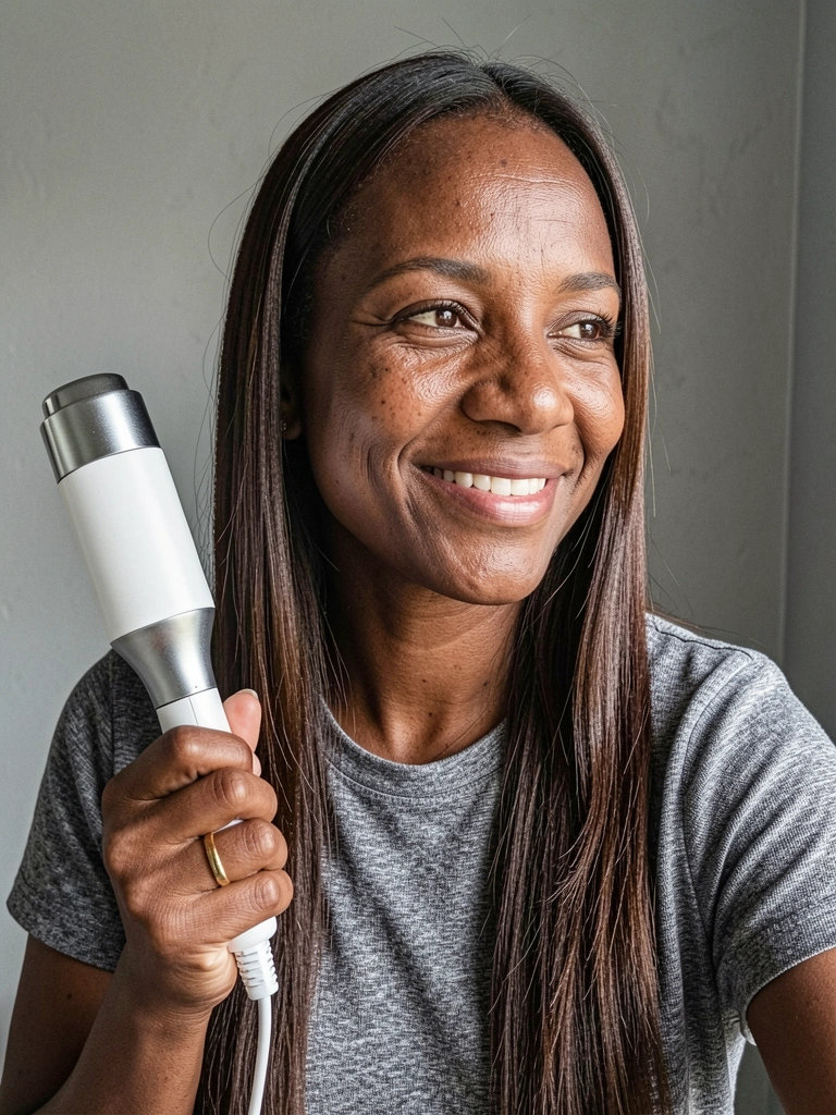 Escova secadora sendo usada em cabelo liso e fino, com fios brilhando sob a luz.