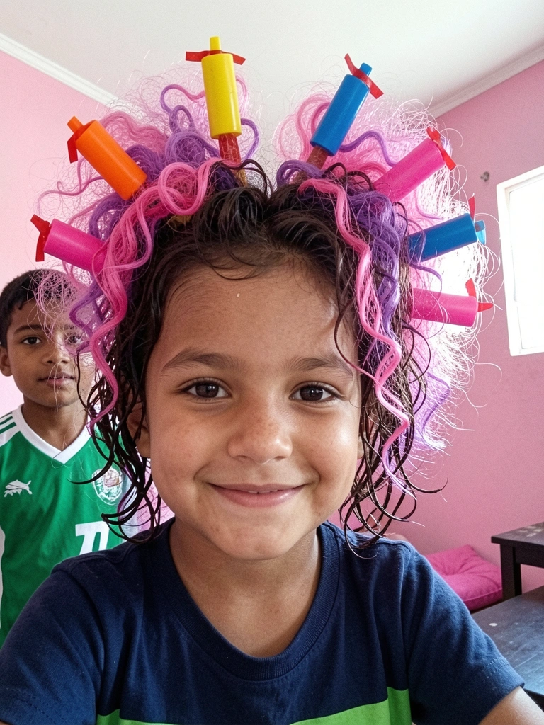 Cabelo cacheado decorado com acessórios coloridos e formas criativas, sorriso aberto.