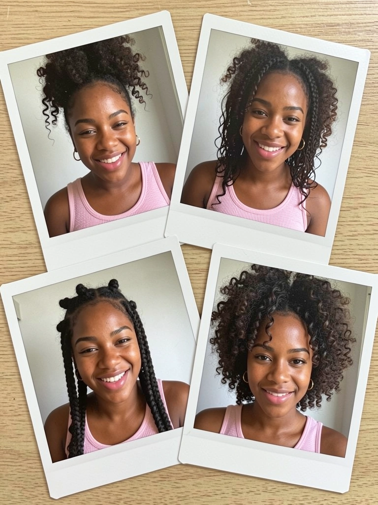 Colagem de cinco penteados cacheados: coque, twist, bantu knots, trança e topete.
