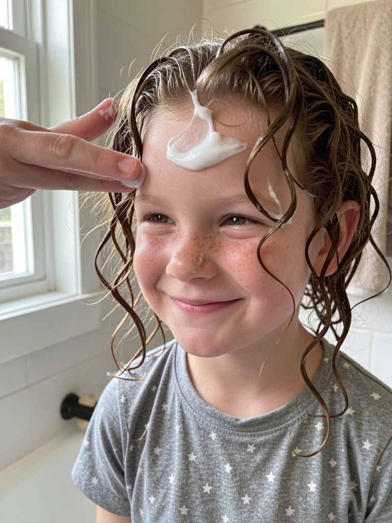 Mãos aplicando leave-in em cabelo cacheado úmido, com cachos definidos.