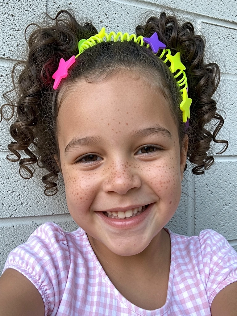 Mãos inserindo presilhas coloridas em cabelo cacheado modelado.