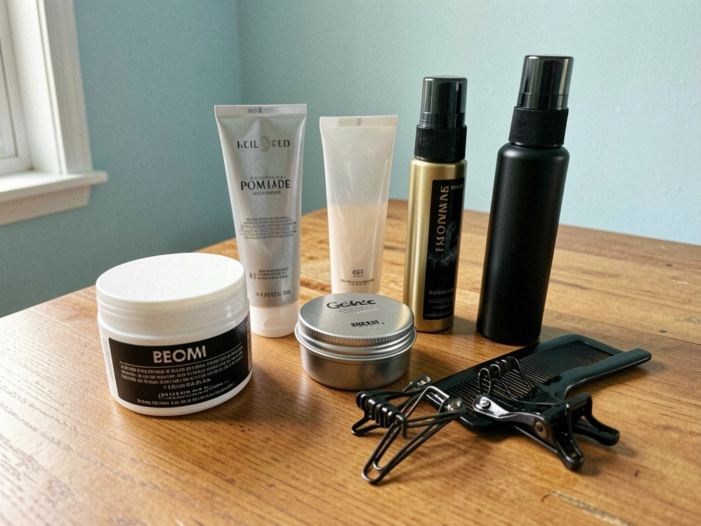 Creme, gel, pomada, spray e acessórios para cabelo dispostos sobre uma mesa de madeira.