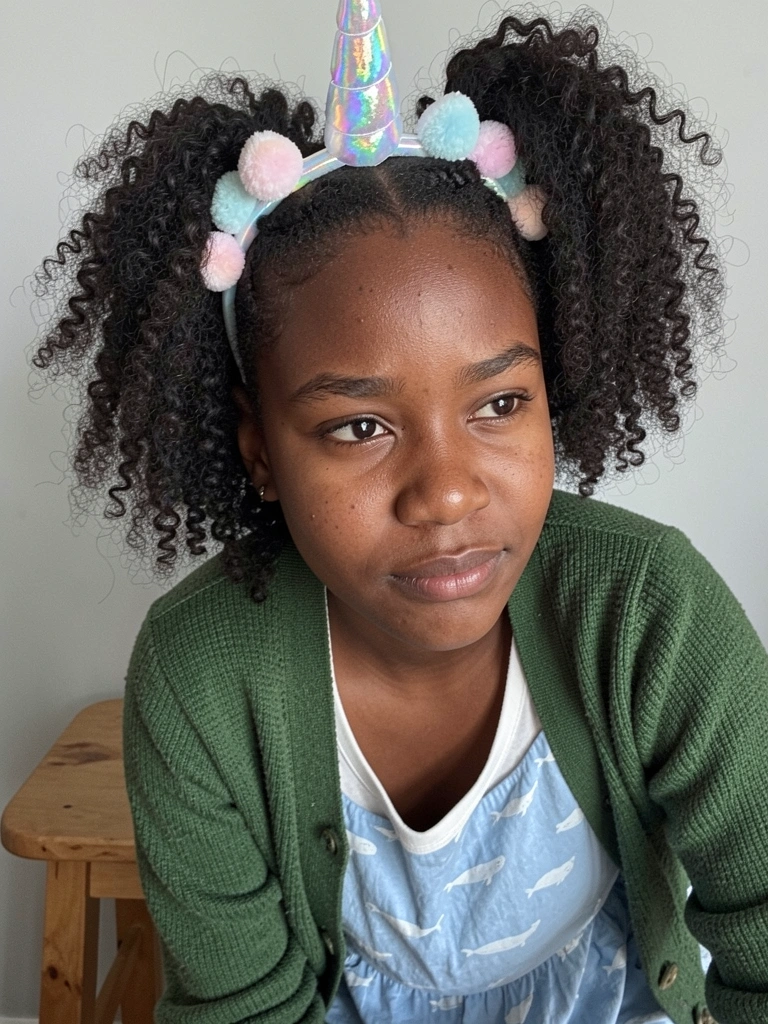 Mulher com cabelo cacheado volumoso e expressão pensativa.