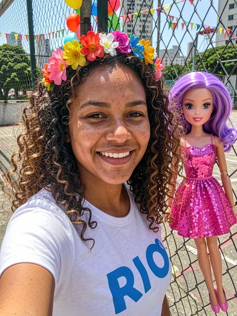 Mulher com cabelo cacheado e coroa de flores em fundo festivo.