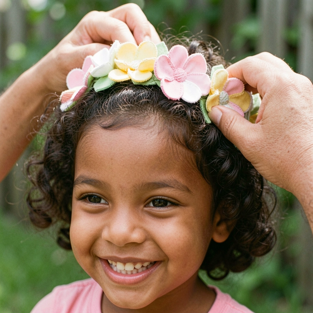 Mãos colocando uma coroa de flores em cabelo cacheado, close.