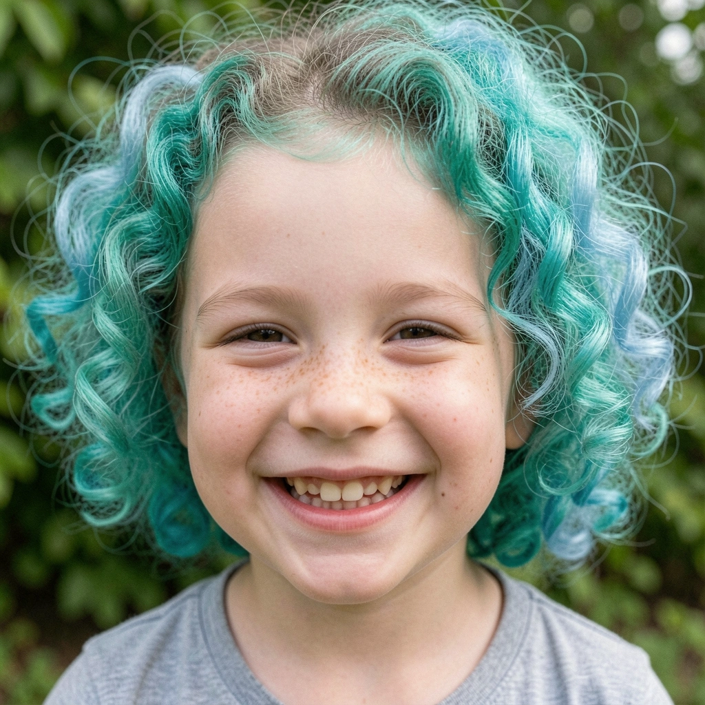 Pessoa com cabelo cacheado e mechas coloridas sorrindo.