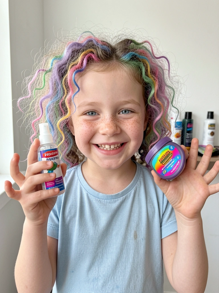 Splay fixador e gel em promoção sobre fundo com cabelos cacheados.