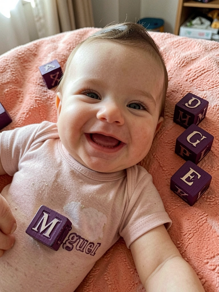 Bebê sorrindo com letras do nome ao redor.