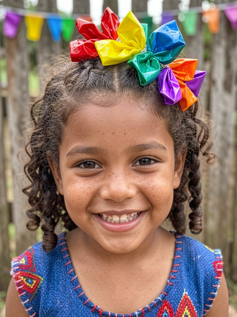 Criança sorrindo em festa junina com penteado colorido e chapéu de palha.