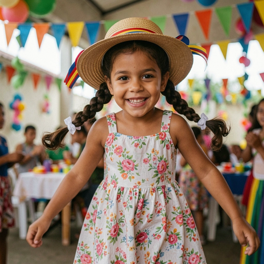 Criança pulando em festa junina com cabelo intacto e sorrindo.