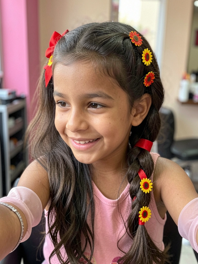 Menina com trança embutida e fita vermelha no cabelo.