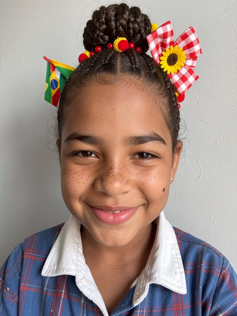 Cabelo preso em coque alto decorado com laço de chita vermelha e bandeirinhas de festa junina.
