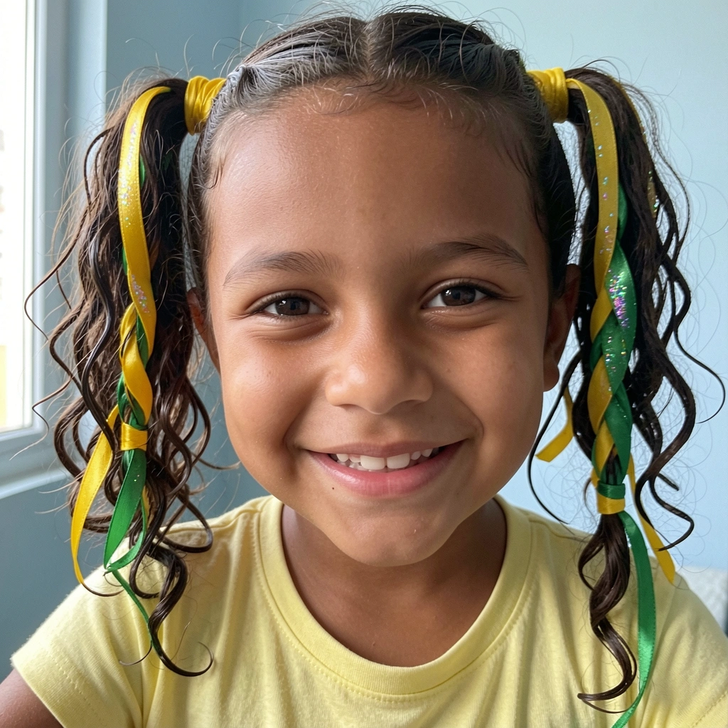 Menina com cabelo preso em maria-chiquinha adornado com fitas amarelas e verdes.
