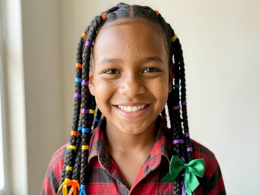 Menino com penteado junino, camisa xadrez vermelha e fundo neutro.