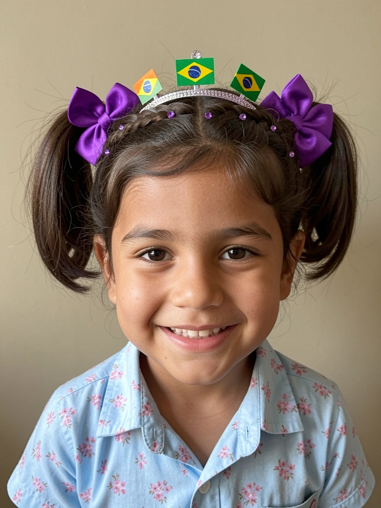 Menino com tiara de bandeirinhas coloridas no cabelo, sorrindo.