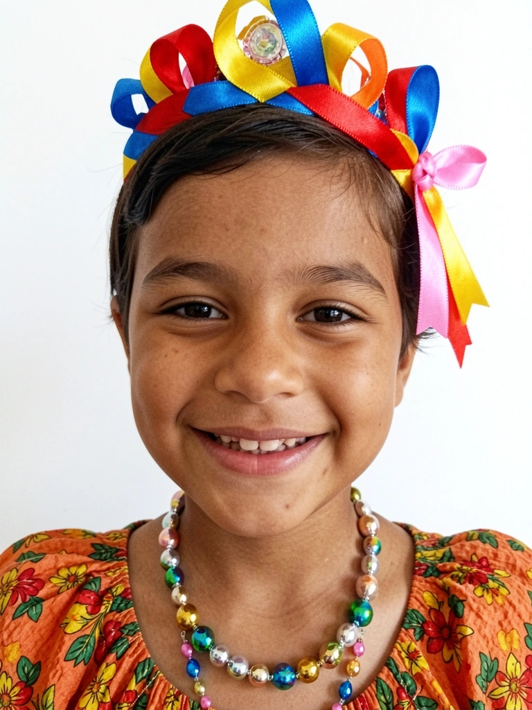 Criança de cabelo curto usando tiara junina colorida.