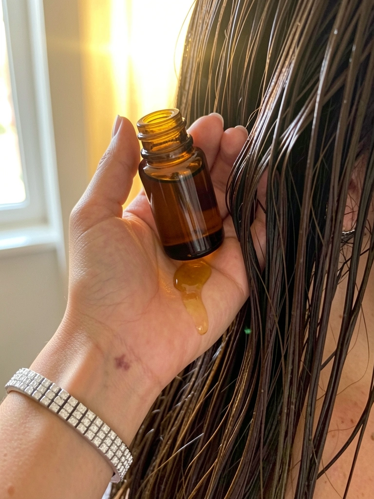 Frasco de óleo de argan sobre superfície de madeira, com fios de cabelo brilhantes ao lado.