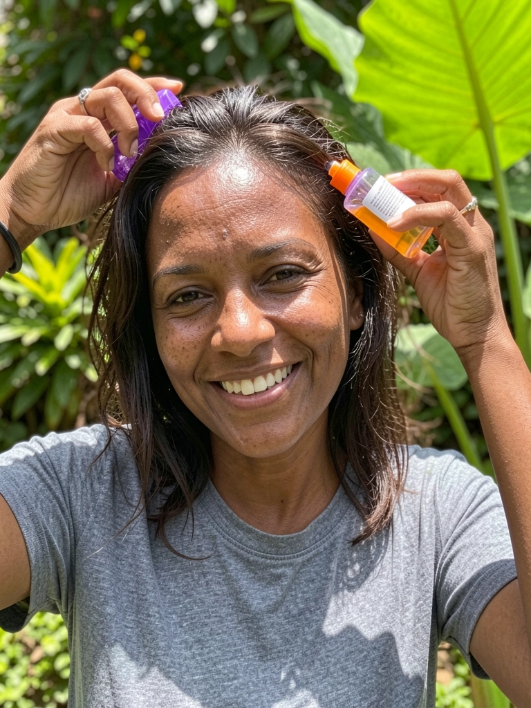 Mãos aplicando óleo em cabelo seco antes da lavagem, com fios levemente separados.